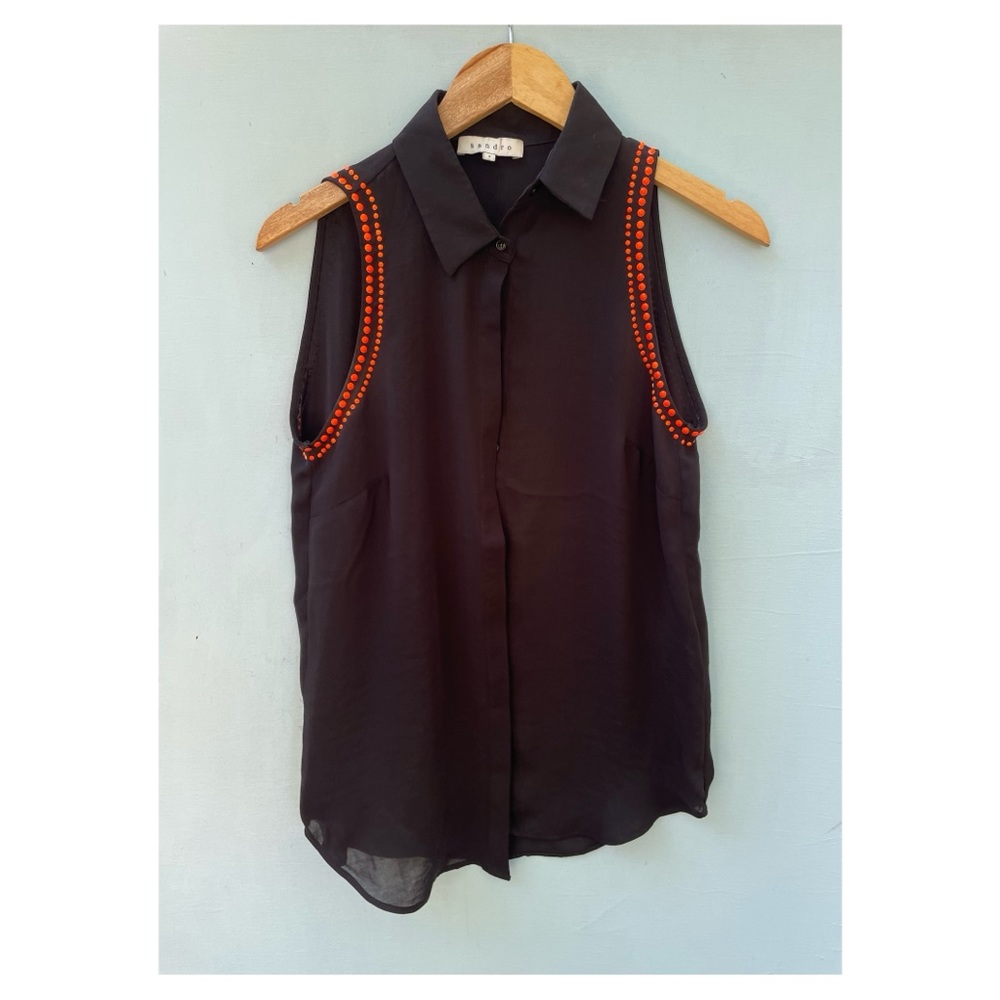 Sandro Black Sleeveless Blouse with Orange Accents